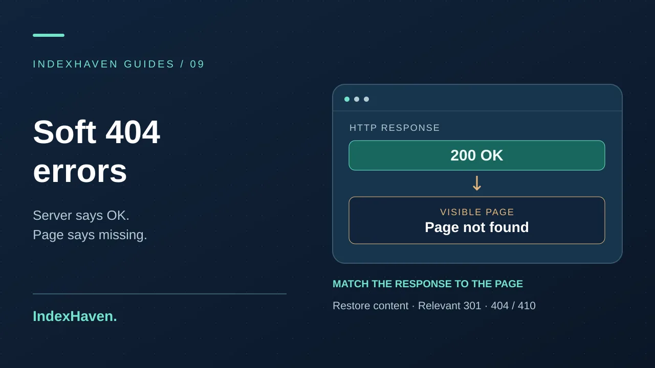 Soft 404 mismatch: a server returns 200 OK while the page says not found. Fix the content, redirect to a replacement, or return 404/410.